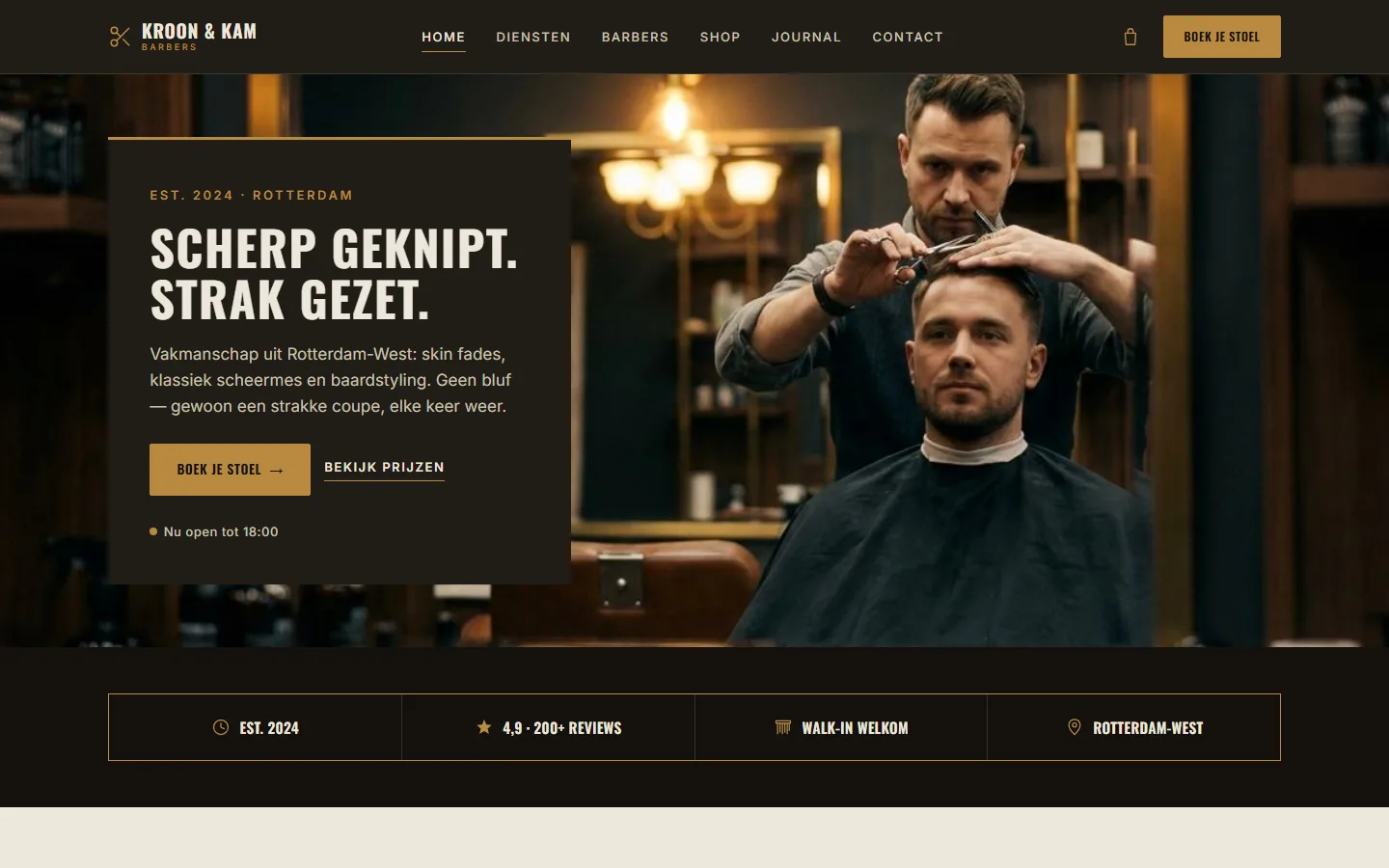 Barbershop-voorbeeldsite — homepagina op desktop