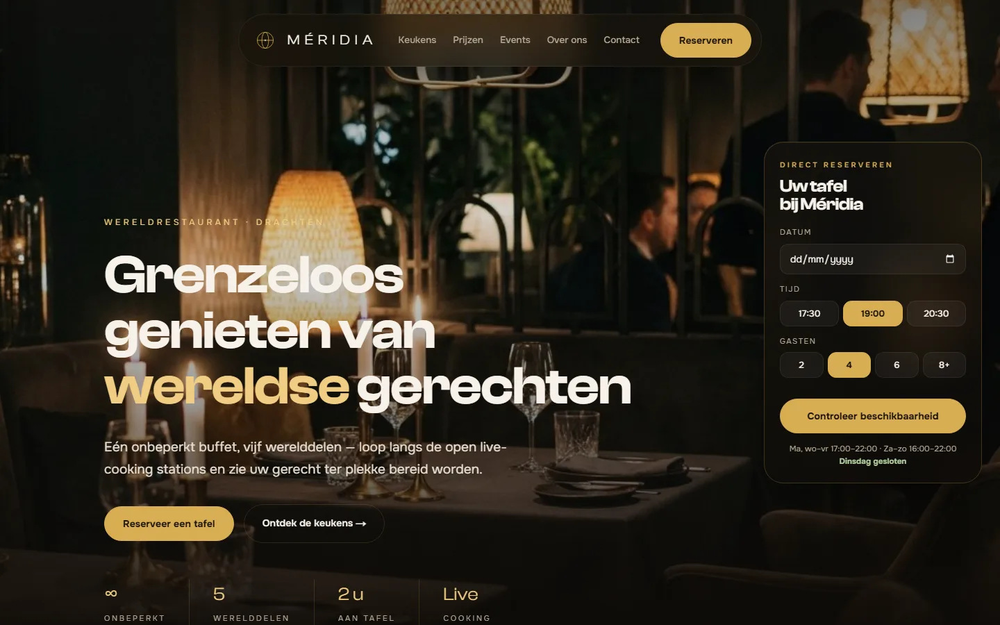 Restaurant-voorbeeldsite — homepagina op desktop