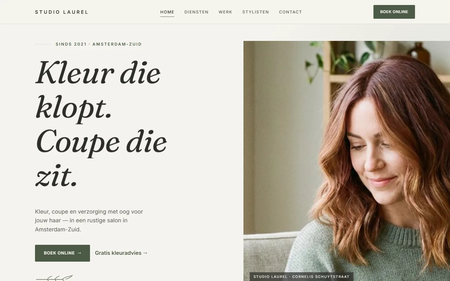 Dameskapsalon-voorbeeldsite — homepagina op desktop