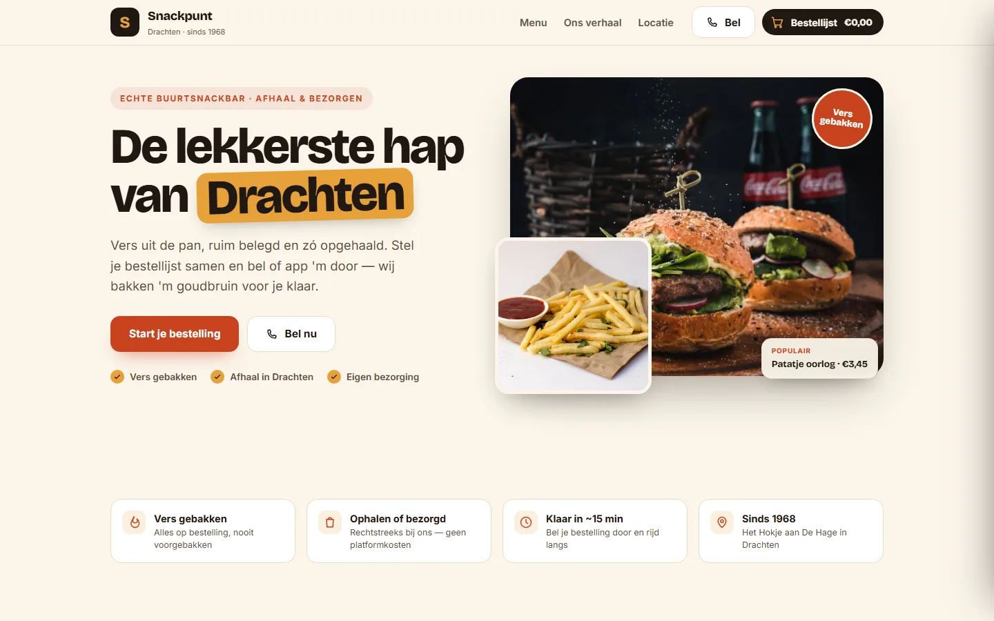 Snackbar-voorbeeldsite — homepagina op desktop