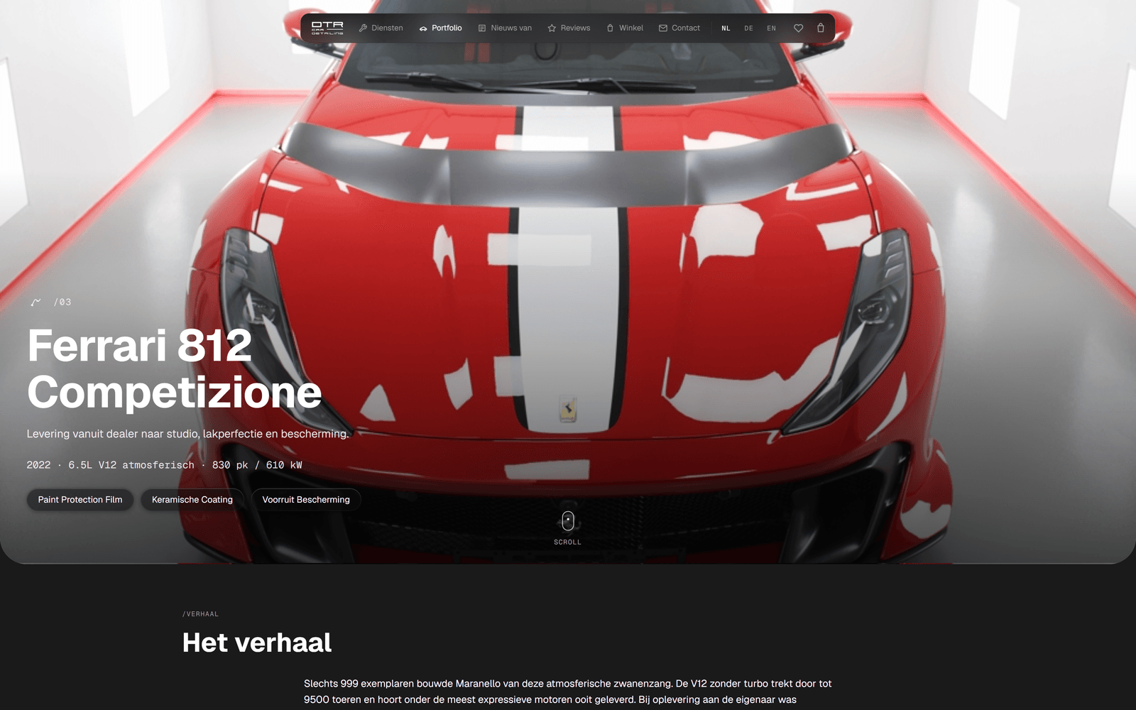DTR Car Detailing — pagina tijdens scrollen, website door Studio Pep & Co