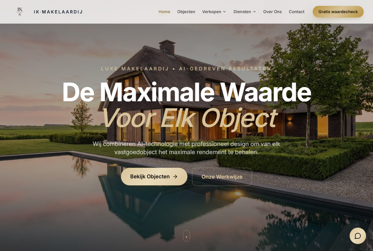 IK Makelaardij — homepagina op desktop, website door Studio Pep & Co