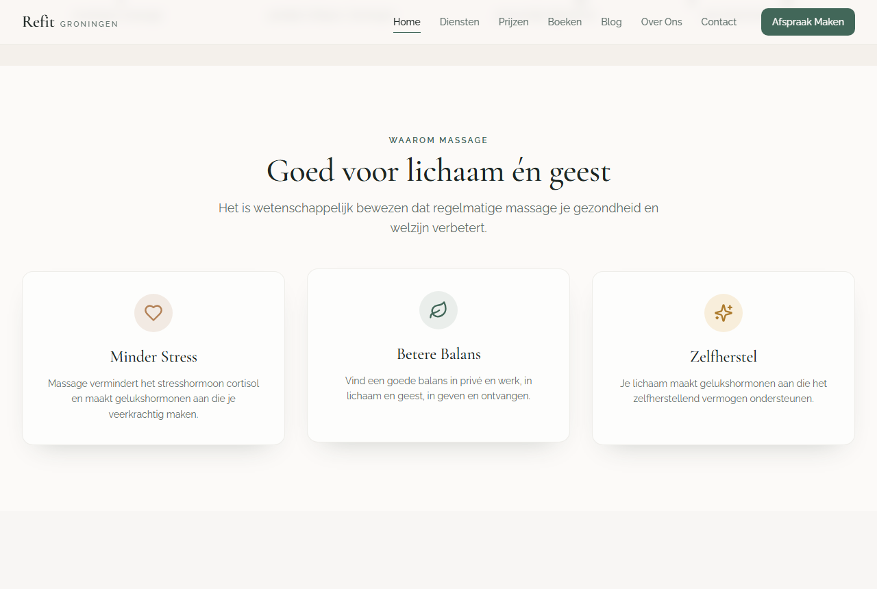 Refit Groningen — pagina tijdens scrollen, website door Studio Pep & Co